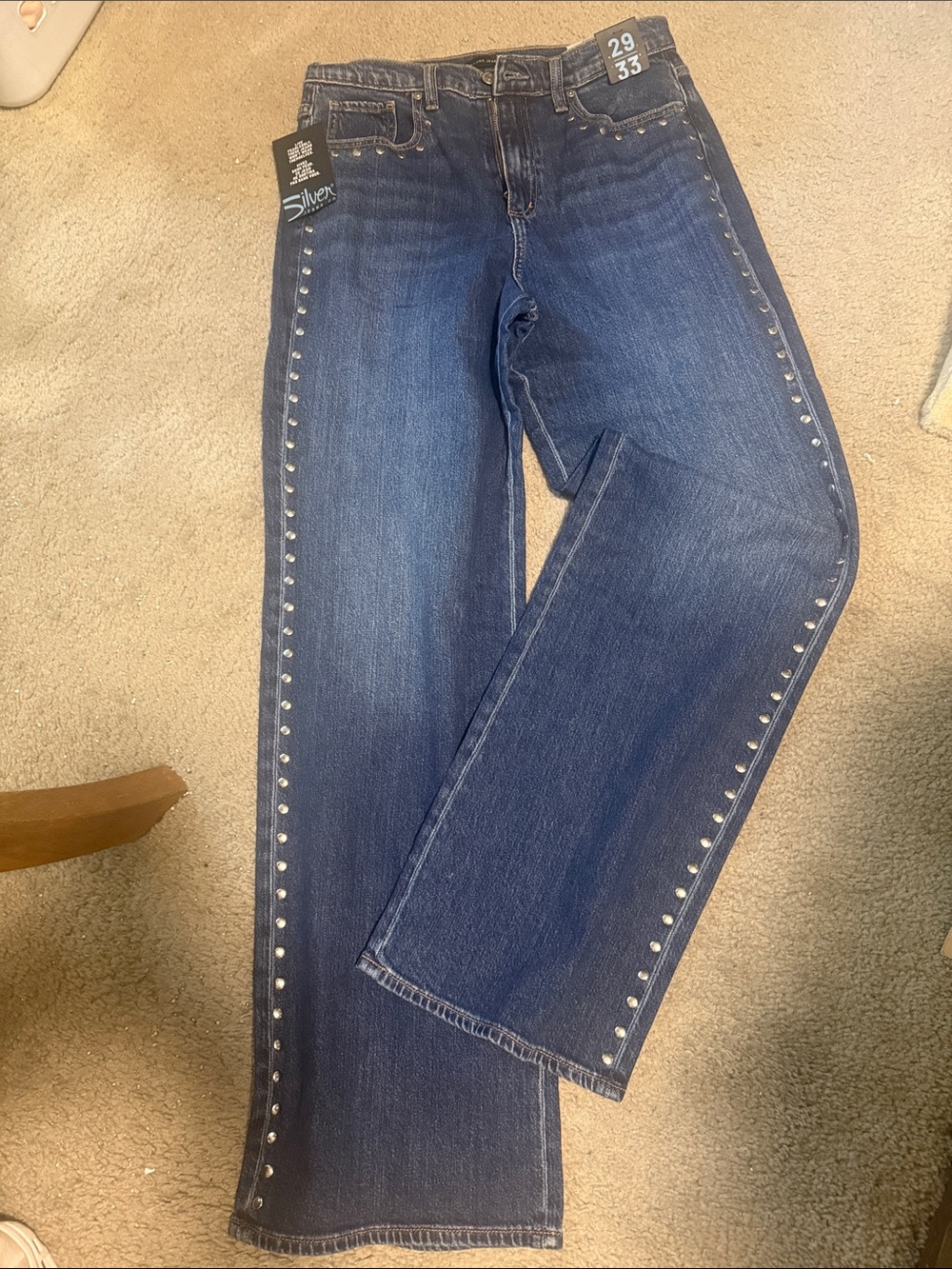 Silver Jeans Dark Blue Straight-Leg Jeans with Silver Stud Trim